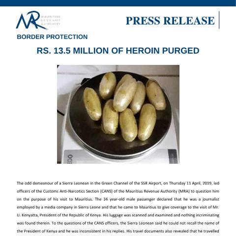 Document preview: Border Protection - Rs 13.5 million of heroin purged (15.04.19) — Regulation / Order, Mauritius (CERFA n°PressRelease150419)
