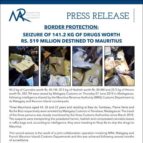 Document preview: Border Protection - Seizure of 141.2 kg of drugs worth Rs. 519 million destined to Mauritius (08.06.18) — Regulation / Order, Mauritius (CERFA n°PressRelease080618)
