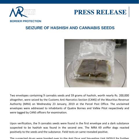 Document preview: Border Protection - Seizure of Hashish and Cannabis seeds (24.01.19) — Regulation / Order, Mauritius (CERFA n°Seizure240119)