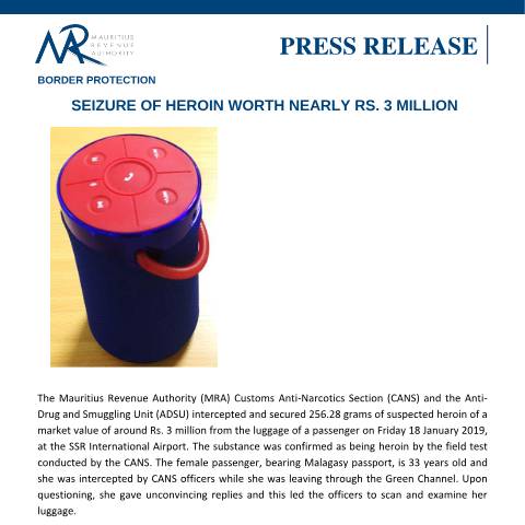 Document preview: Border Protection - Seizure of heroin worth nearly Rs. 3 million (20.01.19) — Regulation / Order, Mauritius (CERFA n°DrugSeizure200119)