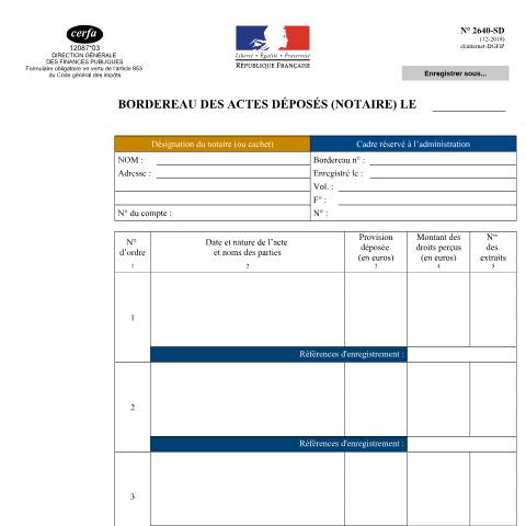 Aperçu du document Bordereau des actes déposés (Notaire) — Professionnels, France (CERFA n°12087*03)