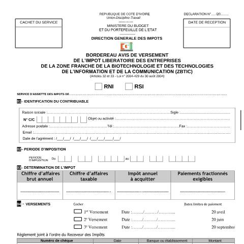 Aperçu du document 17 BORDEREAU AVIS DE VERSEMENET DE LIMPOT LIBERATOIRE DES ENTREPRISES SITUEES DANS LA ZBTIC — Imprimé / Formulaire fiscal, Côte d'Ivoire