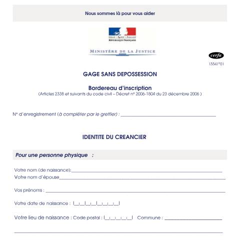 Aperçu du document Bordereau d'inscription d'un gage sans dépossession — Professionnels, France (CERFA n°13347*01)
