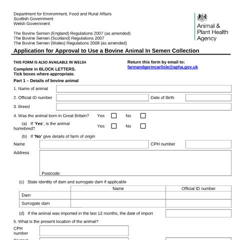 Document preview: Bovine and boar semen collection and breeding: apply for licensing and approval — Animal and Plant Health Agency, United Kingdom