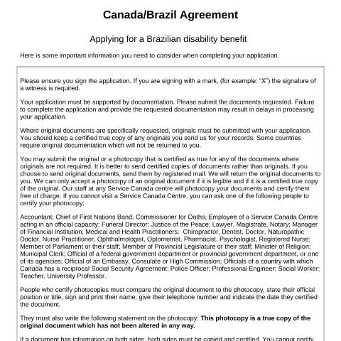 Document preview: Brazil/Canada Agreement - Application for a Brazilian disability benefit — Income Security Programs, Canada (CERFA n°BRA-CAN_06)