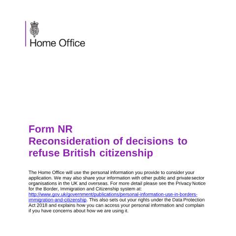 Document preview: Application for review when British citizenship is refused: form NR — UK Visas and Immigration, United Kingdom