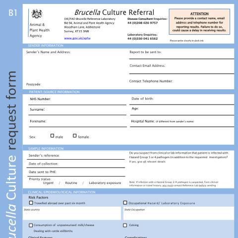 Document preview: Brucella culture referral form — UK Health Security Agency, United Kingdom