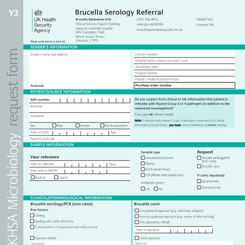 Document preview: Brucella serology referral form — UK Health Security Agency, United Kingdom