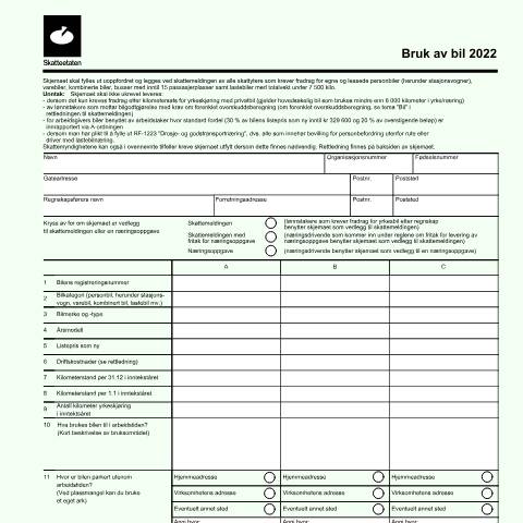 Document preview: Use of car (DISCONTINUED) — Skatteetaten / Forms, Norge (CERFA n°RF-1125)