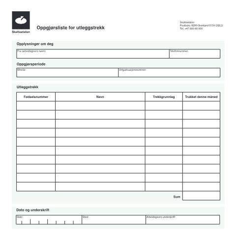 Document preview: Settlement list for attachment of earnings — Skatteetaten / Forms, Norge (CERFA n°RF-1035)