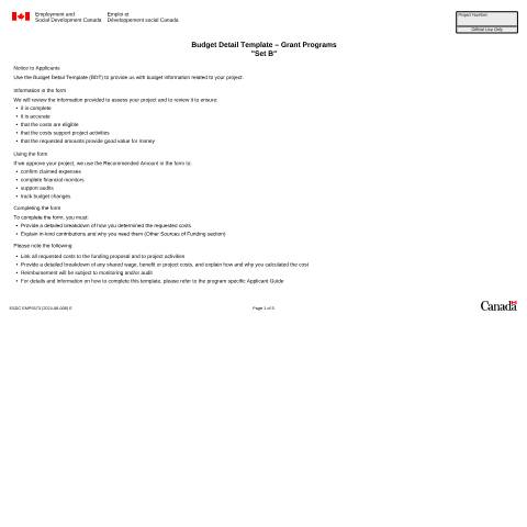 Document preview: BUDGET DETAIL TEMPLATE - GRANT PROGRAMS 'SET B' — Employment and Social Development Canada, Canada (CERFA n°EMP5573)