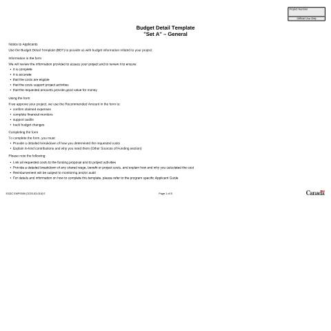 Document preview: BUDGET DETAIL TEMPLATE 'Set A' General — Employment and Social Development Canada, Canada (CERFA n°ESDC-EMP5569)