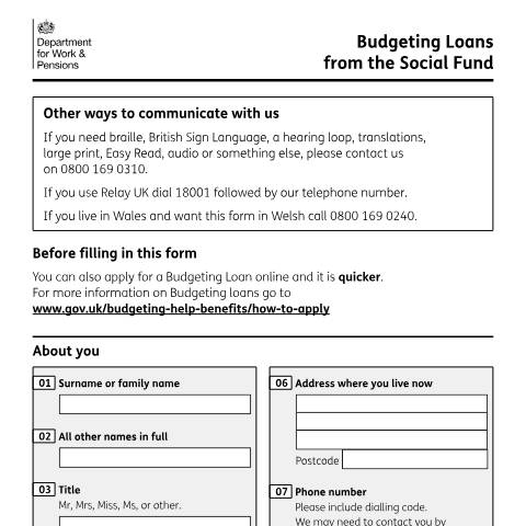 Document preview: Budgeting Loan claim form — Department for Work and Pensions, United Kingdom