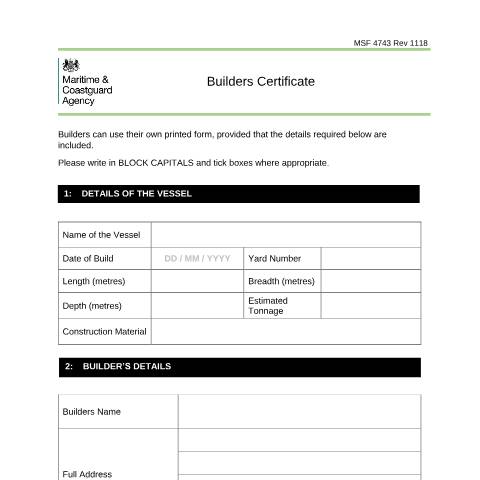 Document preview: Builder's certificate (MSF 4743) — Maritime and Coastguard Agency, United Kingdom