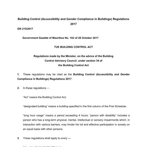 Document preview: Building Control (Accessibility and Gender Compliance in Buildings) Regulations 2017-Amended 2022 — Regulation / Order, Mauritius (CERFA n°Building-Control-Accessibility-and-Gender-Compliance-in-Buildings-Regulations-2017-Amended-2022)