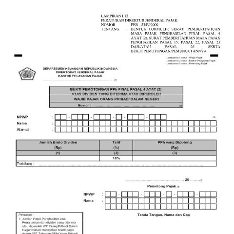 Document preview: Bukti Potong 4 ayat (2) Dividen_0.pdf — Bukti Pemotongan PPh Final Pasal 4 Ayat (2) atas Deviden yang Diterima atau Diperoleh Wajib Pajak Orang Pribadi Dalam Negeri, Indonesia (CERFA n°ID-DJP-Bukti-Potong-4-ayat-2-Dividen-0)