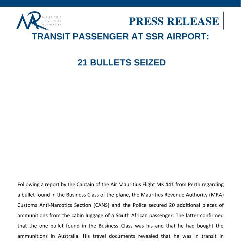 Document preview: Transit passenger at SSR Airport - 21 bullets seized (16.07.18) — Document, Mauritius (CERFA n°PressReleaseAmmunitions160718)