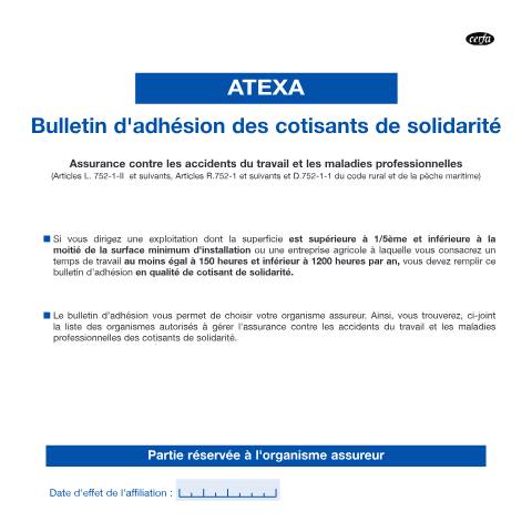 Aperçu du document Bulletin d'adhésion des cotisants de solidarité contre les accidents du travail et des maladies professionnelles des non-salariés agricoles — Professionnels, France (CERFA n°13576*02)