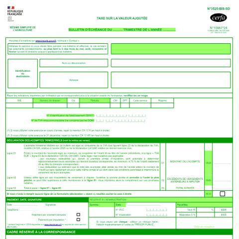 Aperçu du document Bulletin d'échéance trimestrielle TVA - Régime simplifié de l'agriculture — Professionnels, France (CERFA n°10967)