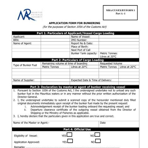 Document preview: Application form for Bunkering — Form, Mauritius (CERFA n°BunkeringApplication)