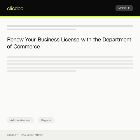 Document preview: Application for Business License Renewal at the Department of Commerce — Administration, Guyana