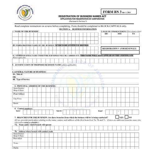Document preview: Form BN3 (FOR RENEWAL ONLY) — Form, Jamaica (CERFA n°BN 3 FORM Rev 1.2011)