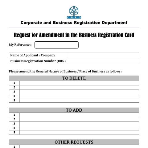 Document preview: New Form Amendment in the Business Registration Card — Form, Mauritius (CERFA n°New-Form-Amendment-in-the-Business-Registration-Card)
