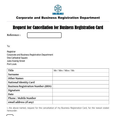 Document preview: Request for Cancellation of the Business Registration Card (1) — Document, Mauritius (CERFA n°Request-for-Cancellation-of-the-Business-Registration-Card-1)