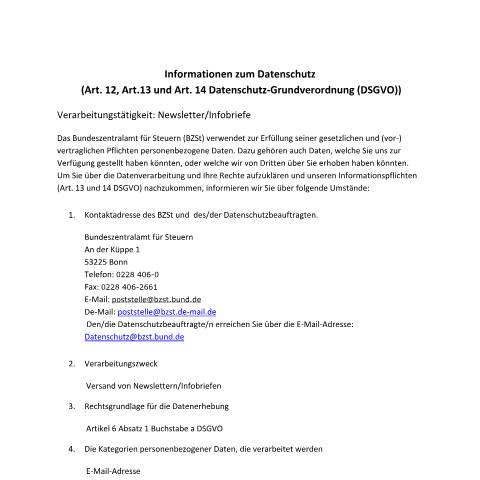 Dokumentvorschau: Newsletter — BZSt/Informationen_zum_Datenschutz, Deutschland (CERFA n°Newsletter)