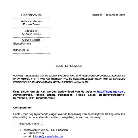 Aperçu du document Vanaf 1 januari 2011 (PDF, 246.32 KB) — FOD Financiën, Belgique (CERFA n°Sleutelformule januari 2011)