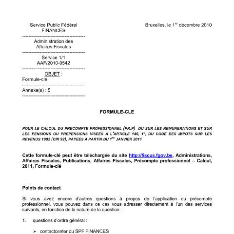 Aperçu du document A partir du 1er janvier 2011 (PDF, 240.25 Ko) — SPF Finances, Belgique (CERFA n°Formule-clé janvier 2011)