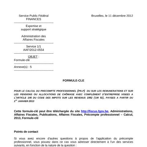 Aperçu du document Formule-clé à partir du 1er janvier 2013 (PDF, 125.4 Ko) — SPF Finances, Belgique (CERFA n°Formule-clé 2013)