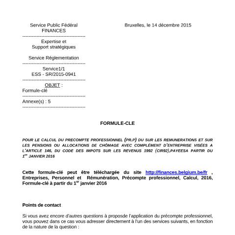 Aperçu du document Formule-clé à partir du 1er janvier 2016 (PDF, 128.95 Ko) — SPF Finances, Belgique (CERFA n°700-formule-cle-20160101)
