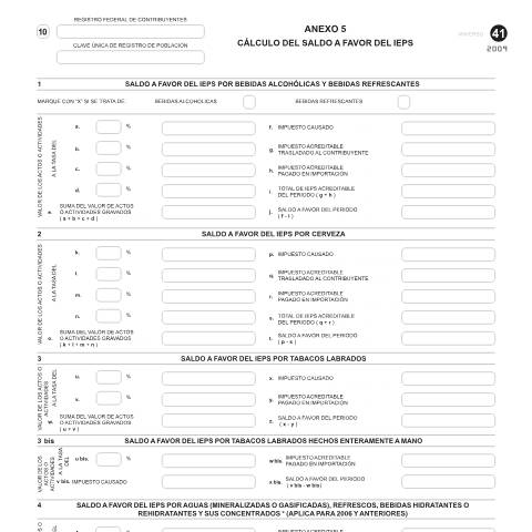 Vista previa del documento Cálculo del saldo a favor del IEPS. Esta forma es de libre impresión. — Código Fiscal de la Federación (CFF), México (CERFA n°Anexo 5 de la forma oficial 41)