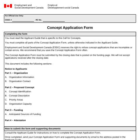 Document preview: Call for Concepts Application Form — Employment and Social Development Canada, Canada (CERFA n°EMP5688)