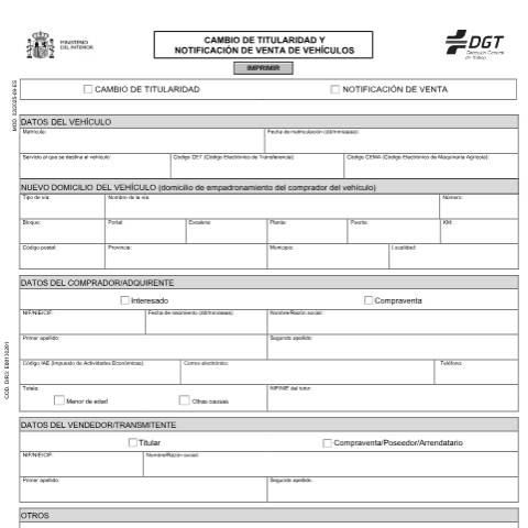 Vista previa del documento Modelo 02 — Cambio de titularidad y notificación de venta de vehículos — Dirección General de Tráfico (DGT) — Modelos de solicitud, España (CERFA n°02)