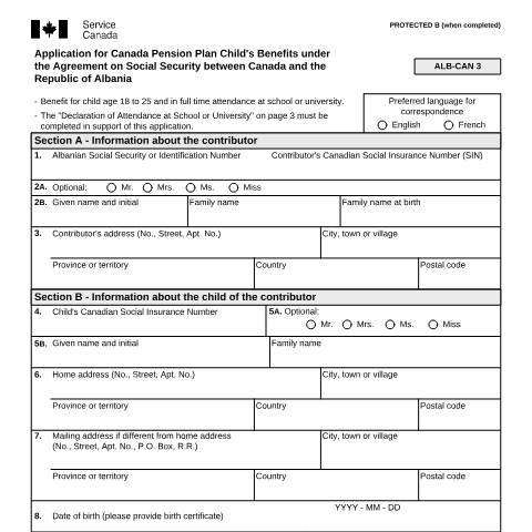 Document preview: Albania/Canada Agreement - Application for CPP child's Benefits — Income Security Programs, Canada (CERFA n°ISP5055-ALB)