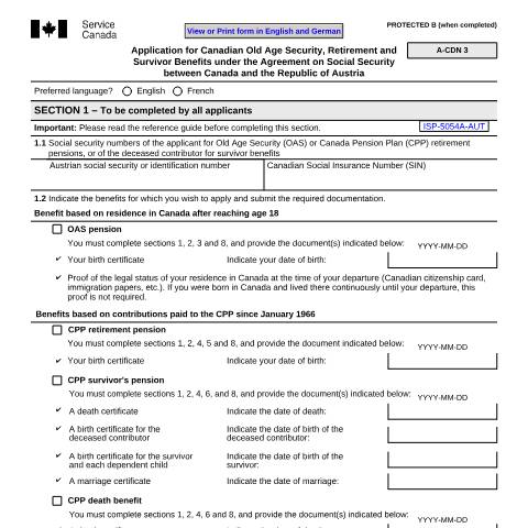 Document preview: Austria/Canada Agreement - Application for Canadian Old Age, Retirement and Survivors Benefits — Income Security Programs, Canada (CERFA n°ISP5054-AUT)
