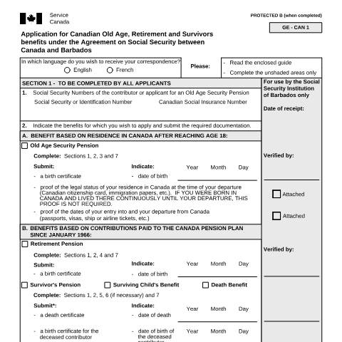 Document preview: Barbados/Canada Agreement - Application for Canadian Old Age, Retirement and Survivors Benefits — Income Security Programs, Canada (CERFA n°ISP5054-BRB)