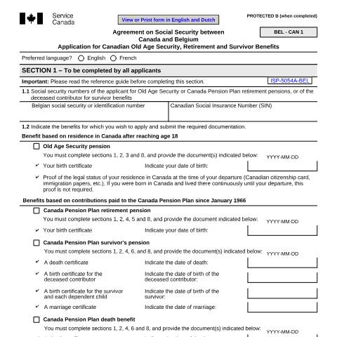 Document preview: Belgium/Canada Agreement - Application for Canadian Old Age Security, Retirement and Survivor Benefits — Income Security Programs, Canada (CERFA n°ISP5054-BEL)