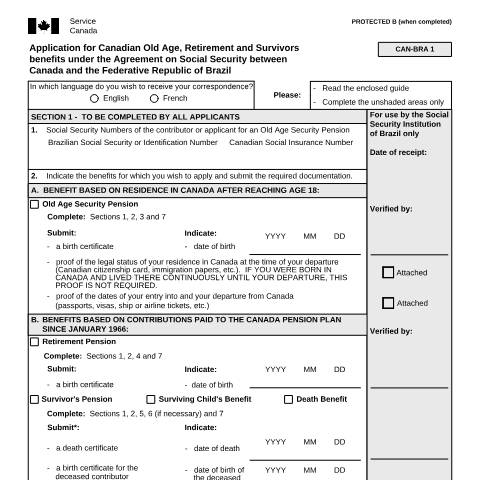 Document preview: Brazil/Canada Agreement - Application for Canadian Old Age, Retirement and Survivors Benefits — Income Security Programs, Canada (CERFA n°ISP5054-BRA)