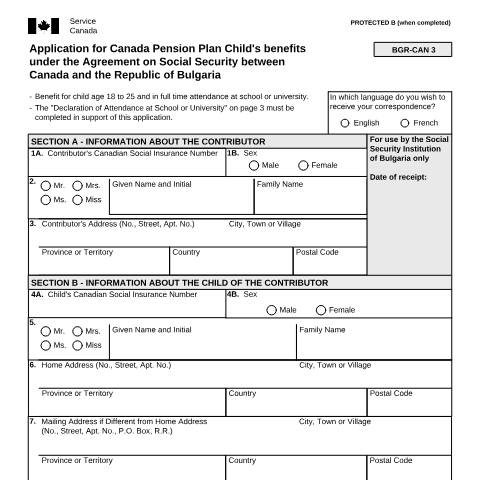 Document preview: Bulgaria/Canada Agreement - Application for CPP Child's Benefits — Income Security Programs, Canada (CERFA n°ISP5055-BGR)
