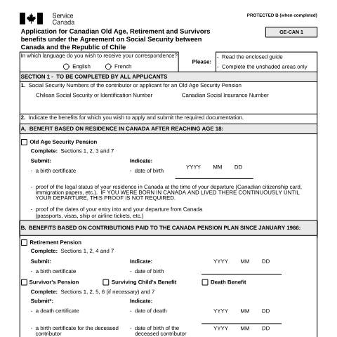 Document preview: Republic of Chile/Canada Agreement - Application for Canadian Old Age, Retirement and Survivor's Benefits — Income Security Programs, Canada (CERFA n°ISP5054-CHL)