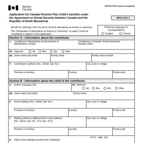 Document preview: North Macedonia/Canada Agreement - Application for CPP Child's Benefit's — Income Security Programs, Canada (CERFA n°ISP5055-MKD)