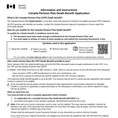 Document preview: Application for CPP Death Benefit — Income Security Programs, Canada (CERFA n°ISP1200)