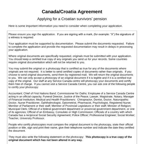 Document preview: Croatia/Canada Agreement - Application for a Croatian survivors’ pension — Income Security Programs, Canada (CERFA n°CAN_HR_4)