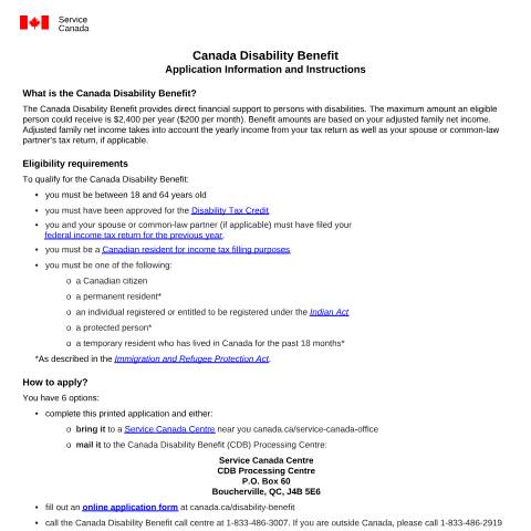 Document preview: Application for the Canada Disability Benefit — Service Canada (SC), Canada (CERFA n°CDB0004)