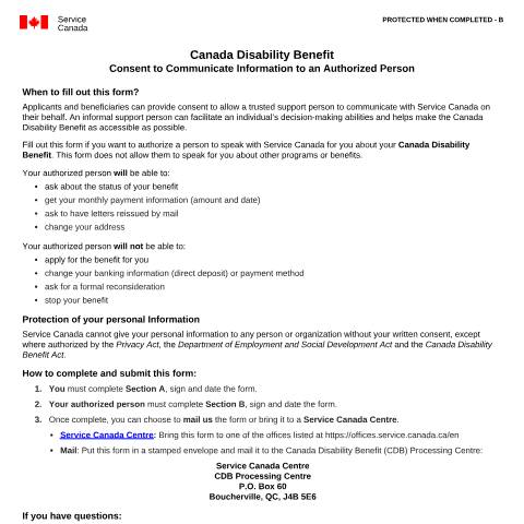 Document preview: Canada Disability Benefit - Consent to Communicate Information to an Authorized Person — Service Canada (SC), Canada (CERFA n°CDB0003)