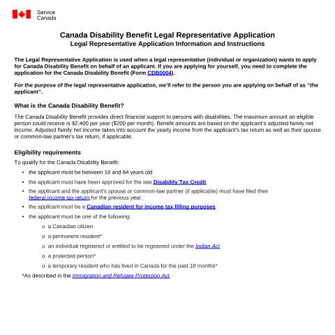 Document preview: Canada Disability Benefit Legal representative Application — Service Canada (SC), Canada (CERFA n°CDB0005)