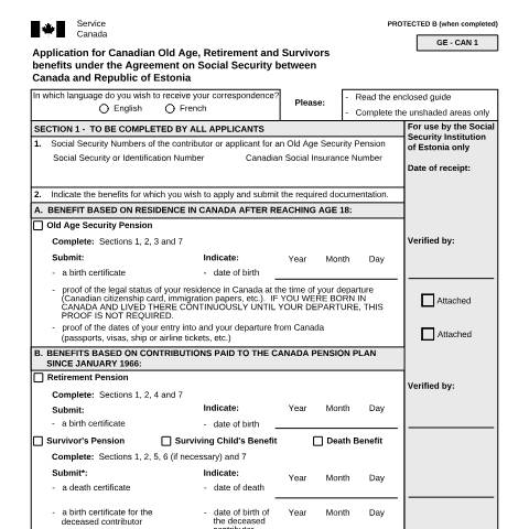 Document preview: Estonia/Canada Agreement - Application for Canadian Old Age, Retirement and Survivors Benefits — Income Security Programs, Canada (CERFA n°ISP5054-EST)